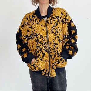 90s BAROQUE BOMBER JACKET- Vintage Gold Black Shacket Unisex Crewneck Zip